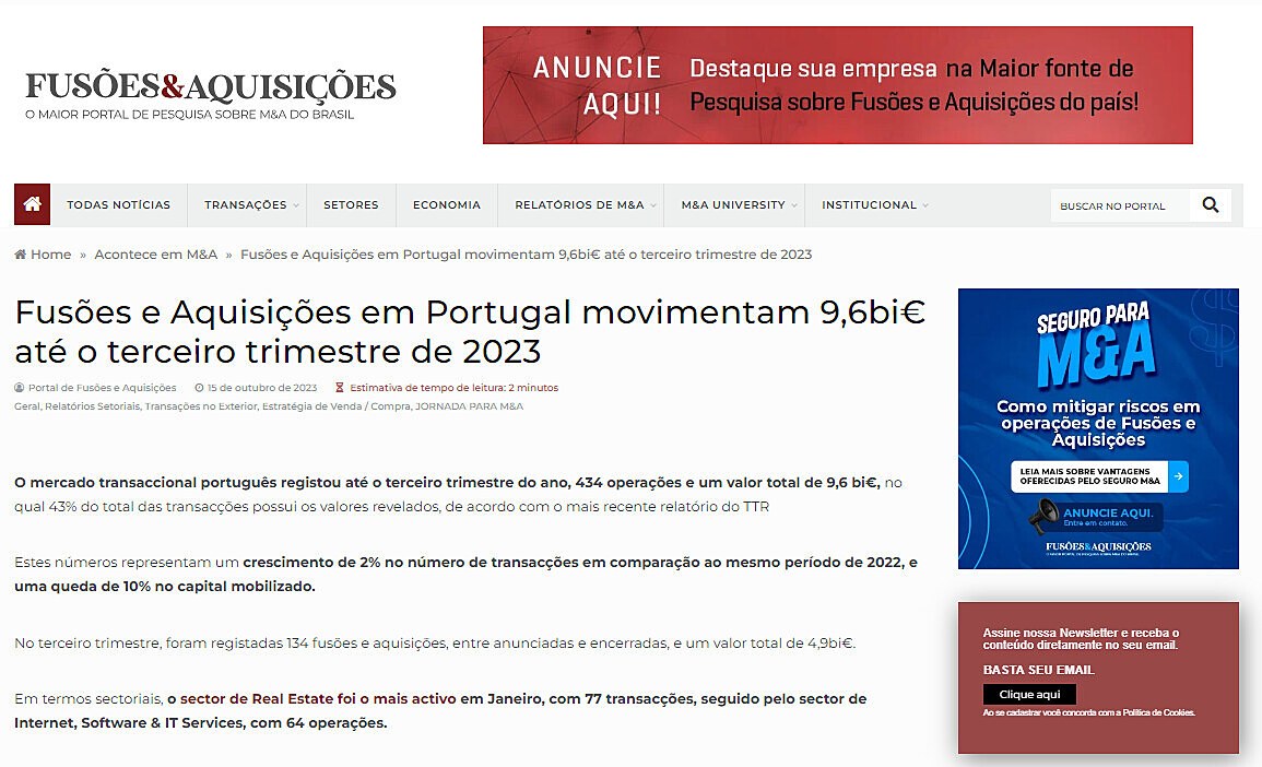Fuses e Aquisies em Portugal movimentam 9,6bi at o terceiro trimestre de 2023